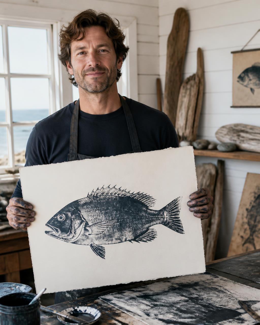 Emmett McDonough holding a freshly pressed Gyotaku print in the Finprinted studio