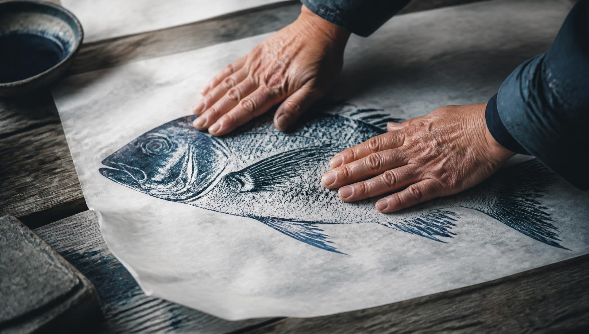 Hands pressing rice paper onto an inked fish to make a Gyotaku print