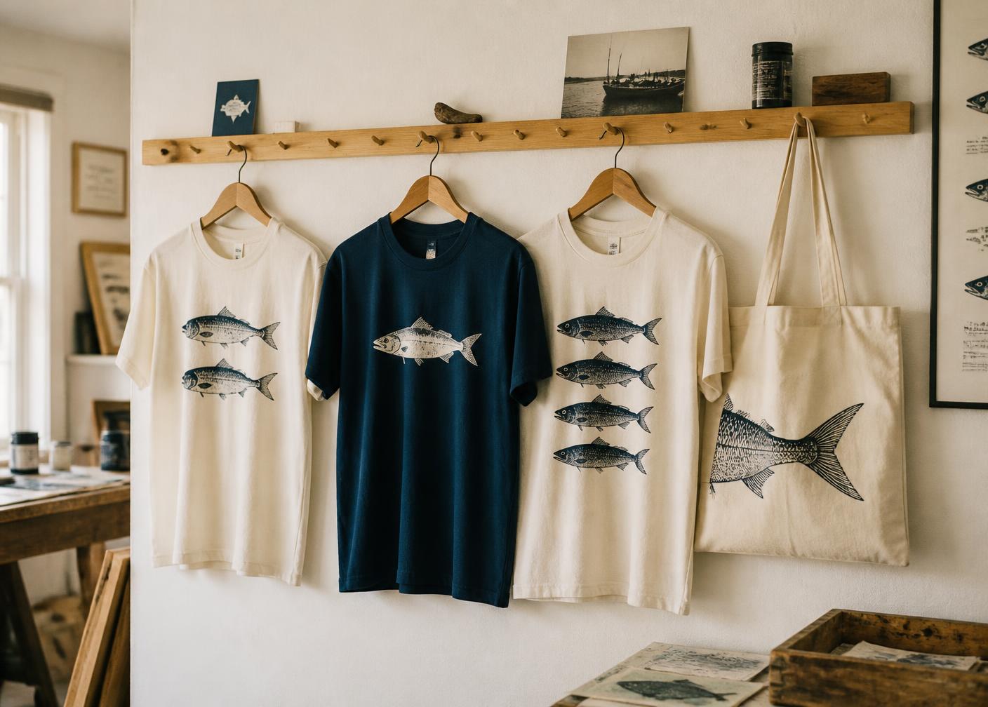 Hand-printed fish tee shirts and a canvas tote hanging on a wooden rail