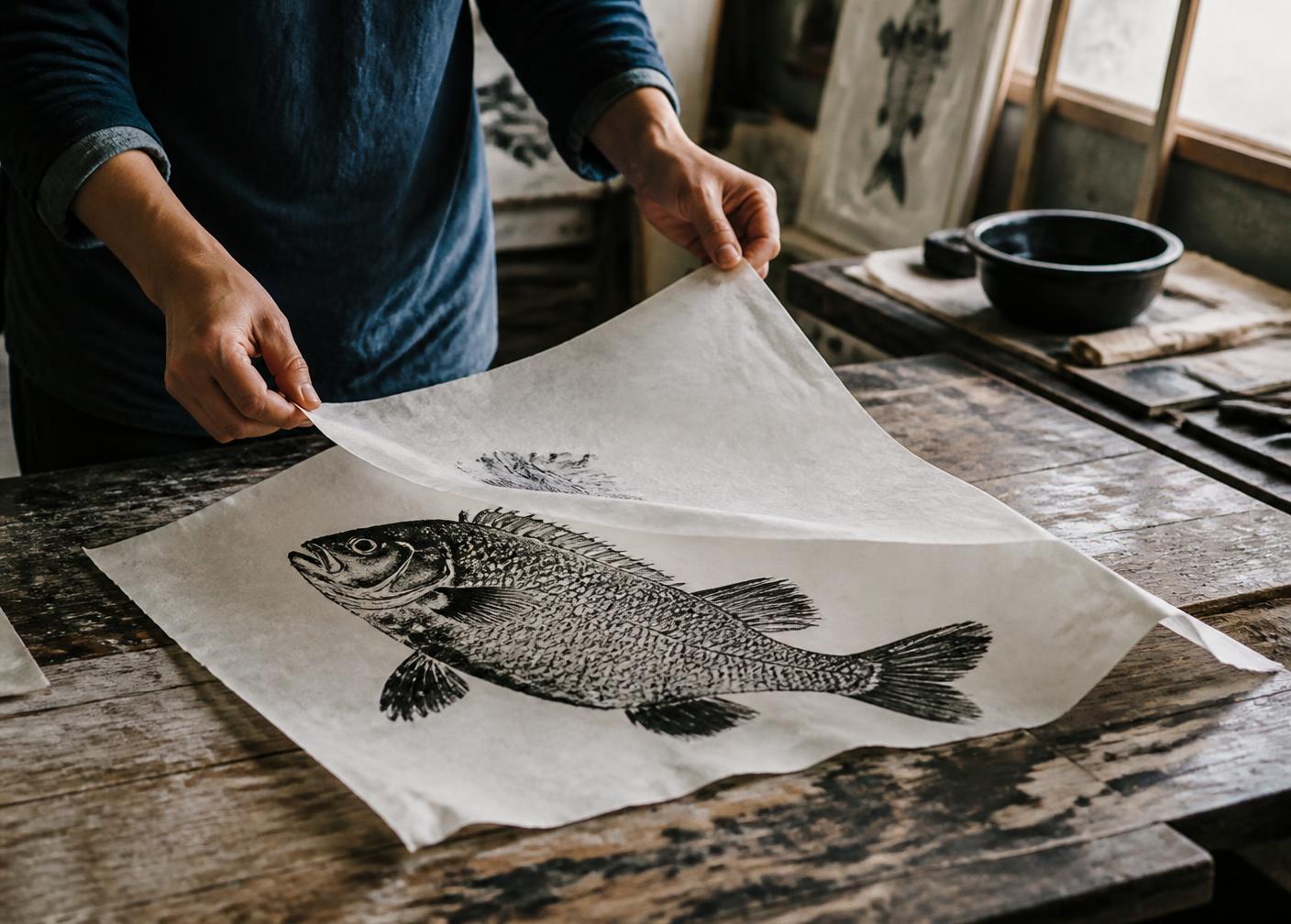 Hands lifting rice paper from a freshly inked fish on a wooden printing bench