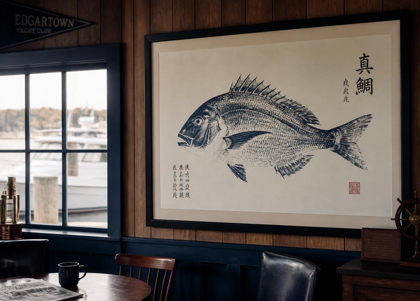 Framed Gyotaku trophy print hanging in a dockside fishing club room